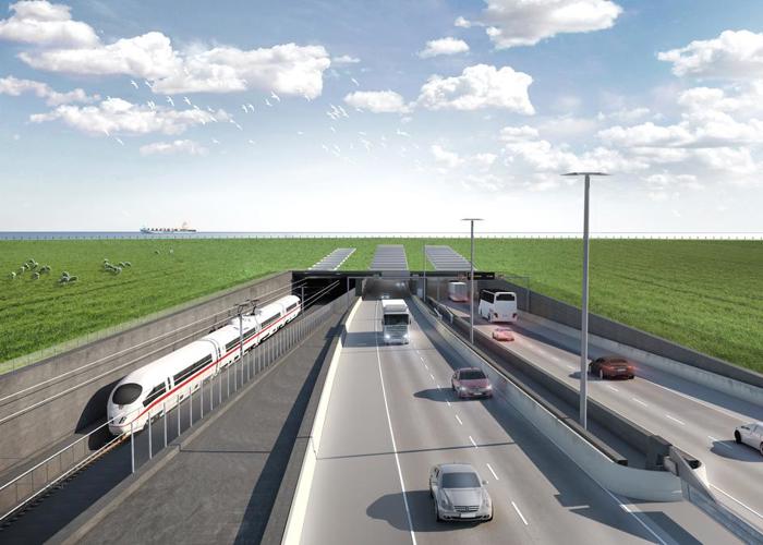 Visualisering af den danske tunnelindgang til Fehmarnbelt-tunnelen. Tog og køretøjer kører ind og ud af tunnelen.